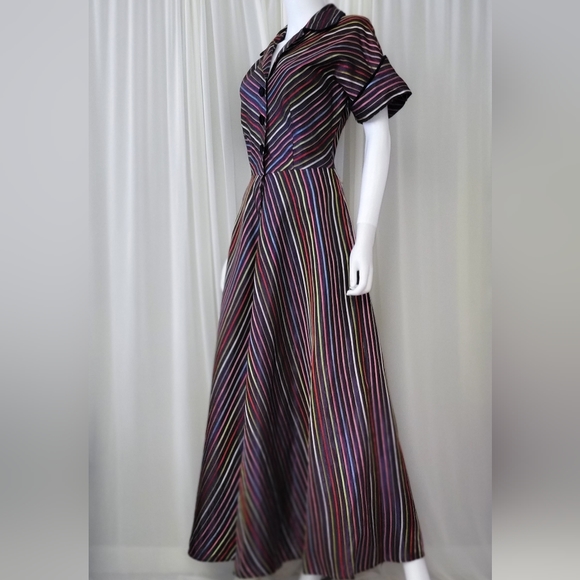 1940s Noir • Hostess Dress • Long Gown • Chevron Stripes • Vintage Delro S-M - Picture 9 of 10